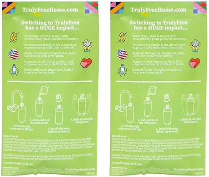 Truly Free Natural Dishwashing Liquid | Plant-Based Dish Soap | Sweet Basil Fresh Scent | 2 Refill Packs With 1 Empty Refillable Squeeze Bottle (16 Oz)