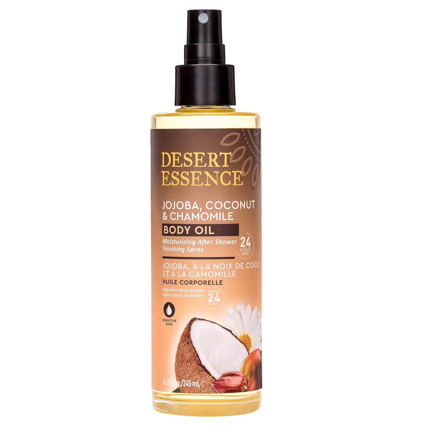 Desert Essence Body Oil Spray – 8.28 Fl Oz | Jojoba, Coconut & Chamomile | 24-Hour Moisture For Dry Skin | Lightweight After-Shower Oil | Vegan, Cruelty-Free, B-Corp, Made In Usa