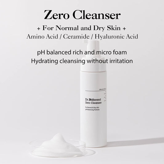Dr.Different Zero Cleanser For Normal & Dry Skin - Hypoallergenic Ph 5.5 Face Bubble Foaming Cleanser With Hyaluronic Acid And Ceramide, Moisturizing And Soothing, 6.76 Fl.Oz