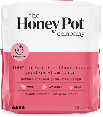 The Honey Pot Company - Herbal Postpartum Pads w/Wings - Full Coverage -Infused w/Essential Oils for Cooling Effect, Organic Cotton Cover, & Ultra-Absorbent - Postpartum Essentials - 12ct