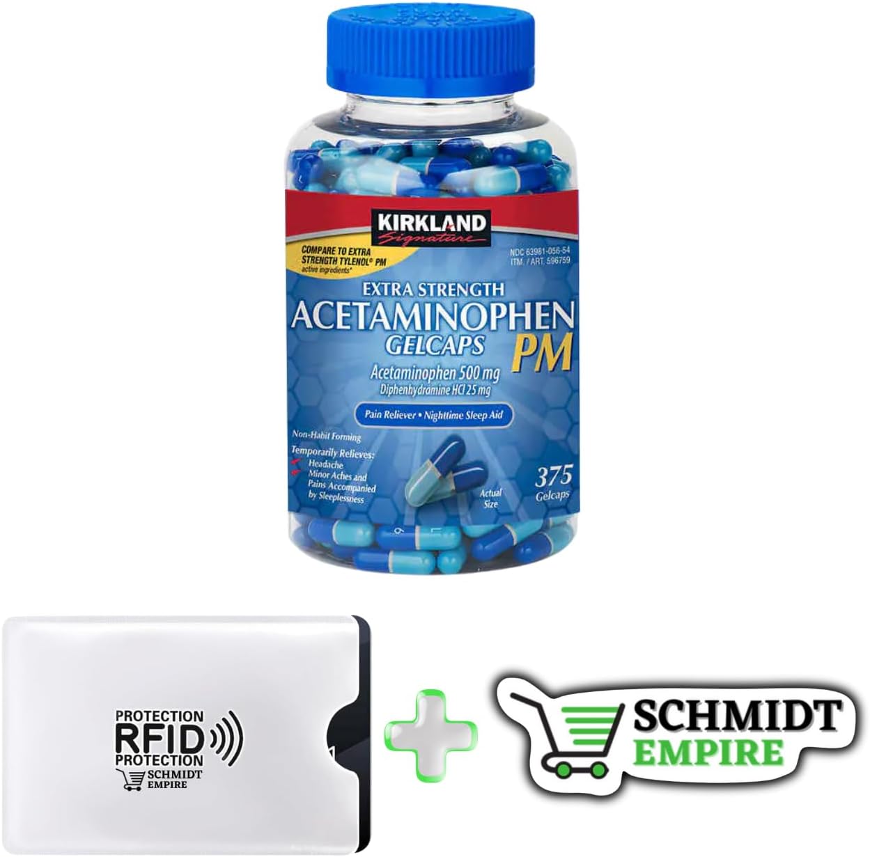 Kirkland Signature Acetaminophen PM 500 mg - Extra Strength Rapid Release (Compare to Extra Strength Tylenol PM Active Ingredients) 375 Ct + 1 Card Protector SchmiidtEmpire + Sticker (Pack of 1)