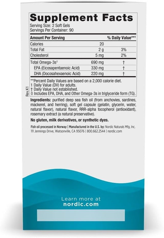 Nordic Naturals Omega-3, Lemon Flavor - 180 Soft Gels - 690 Mg Omega-3 - Fish Oil - Epa & Dha - Immune Support, Brain & Heart Health, Optimal Wellness - Non-Gmo - 90 Servings