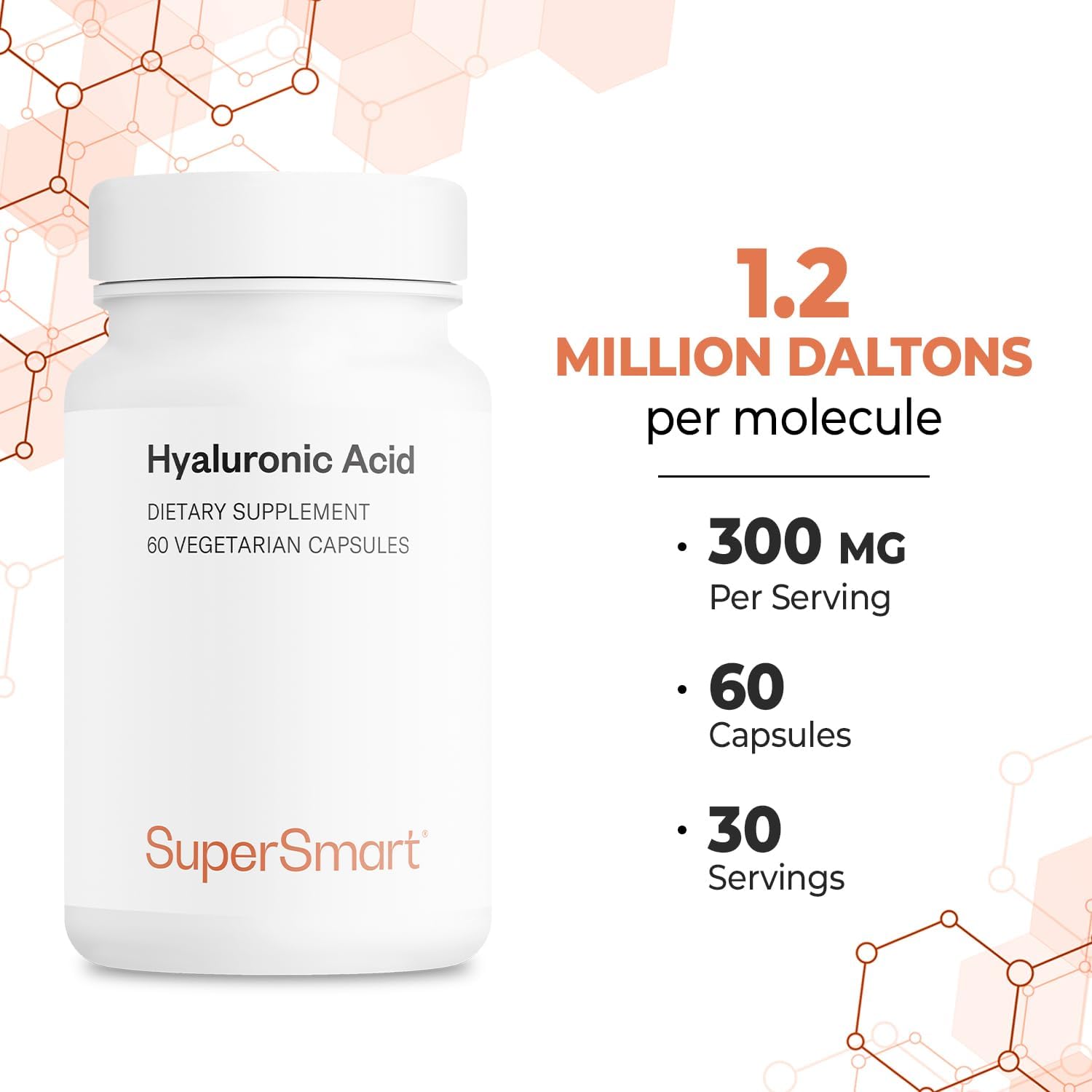 Supersmart - Hyaluronic Acid 300 Mg Per Day - High Molecular Weight Sodium Hyaluronate (1.2 Million Daltons) - Supports Healthy Joints & Skin | Non-Gmo & Gluten Free - 60 Vegetarian Capsules : Health & Household