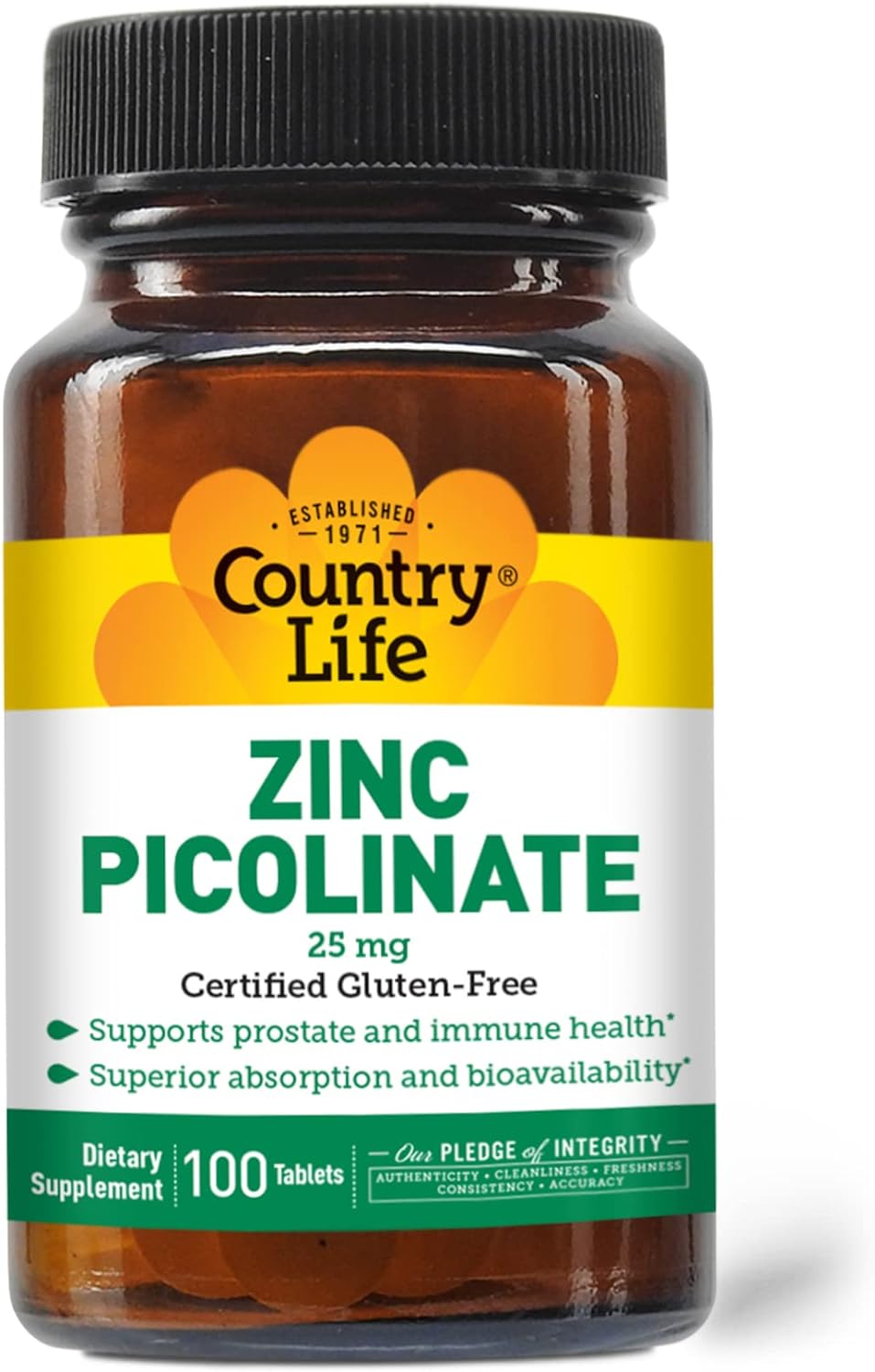 Country Life Zinc Picolinate 25mg, Skincare, Prostate and Immune Health, 100 Vegan Capsules, Certified Gluten Free, Certified Vegan, Certified Halal