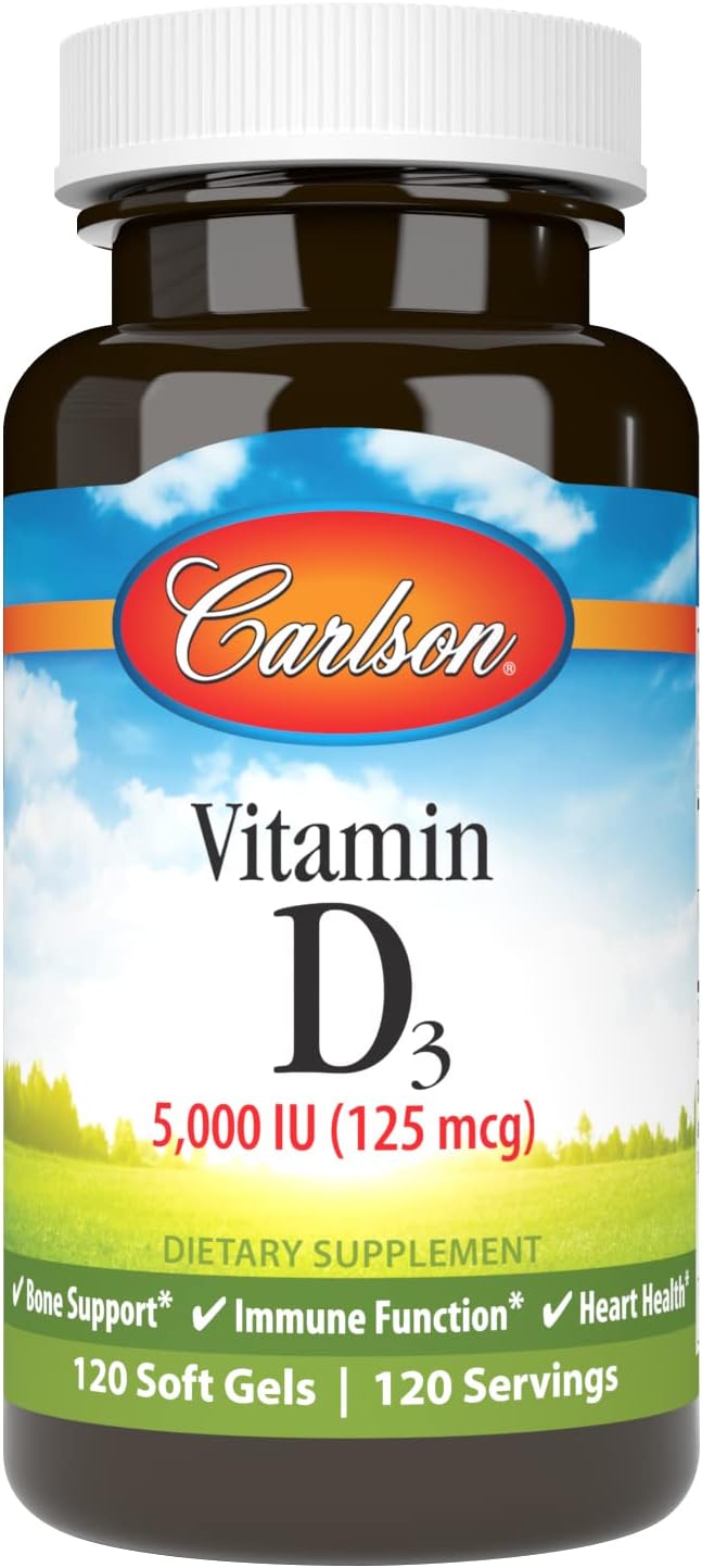 Carlson - Vitamin D3 5000 IU (125 mcg), Bone Health, Muscle Health, Cholecalciferol, Vitamin D Supplements, Vitamin D3 Soft Gels, 120 Softgels