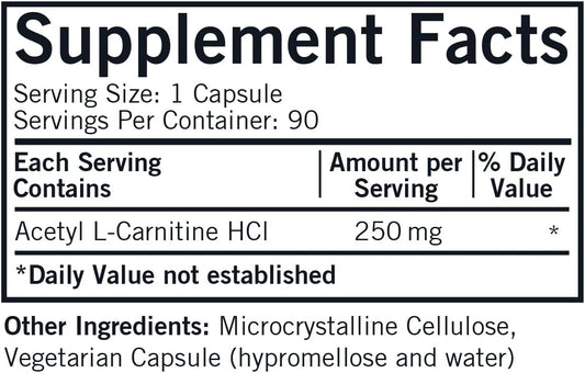 Kirkman - Acetyl L-Carnitine 250 Mg - 90 Capsules - Supports Sustained Cellular Energy Production - Hypoallergenic