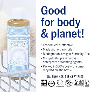 Dr. Bronner'S Pure-Castile Magic Liquid Soap (Baby Unscented, 8 Ounce)- Made With Regenerative Organic Certified Oils, For Face, Body Wash, Baby Soap, Sensitive Skin, No Added Fragrance, Vegan : Camping Soaps And Shampoos : Beauty & Personal Care