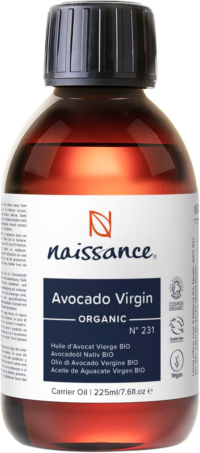 Naissance Organic Avocado Oil (no. 231) - 225ml - Natural Moisturiser - for Skin, Face, Nails, Body, Hair Growth, Nails, Soap Making