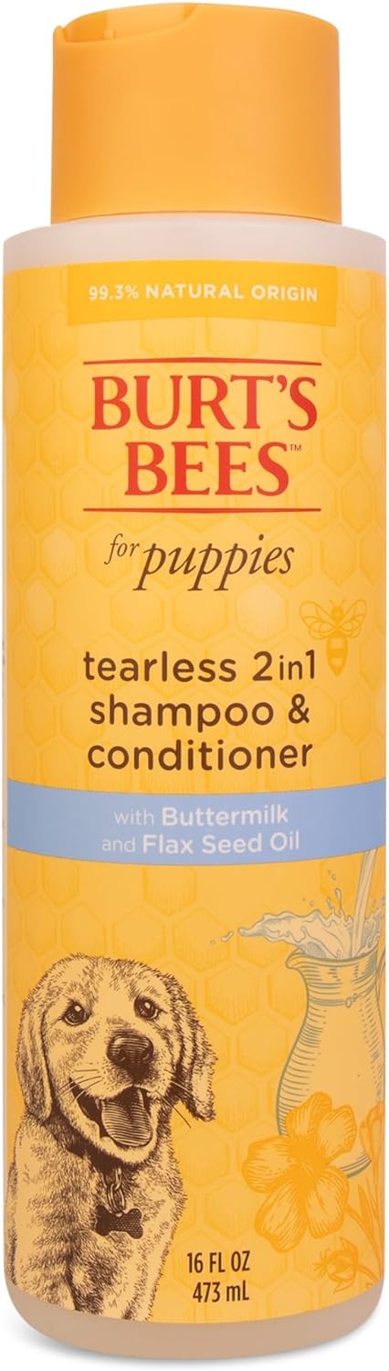 Burt's Bees for Pets Puppies Natural Tearless 2 in 1 Shampoo and Conditioner - Made with Buttermilk and Flax Seed Oil - Best Tearless Puppy Shampoo for Gentle Skin and Coat - Made in USA, 16 Oz