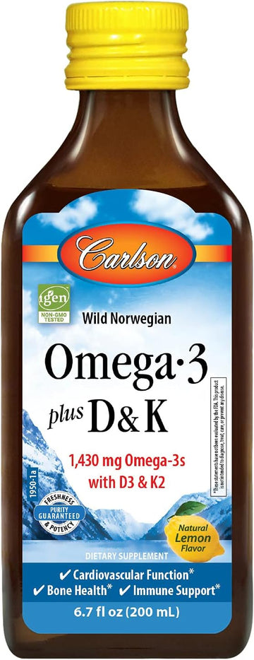 Carlson - Omega-3 + D & K, 1430 mg omega-3s, 2000 IU (50 mcg) D3, 90 mcg K2 as MK-7, Heart Health, Bone Support, Lemon, 200 mL