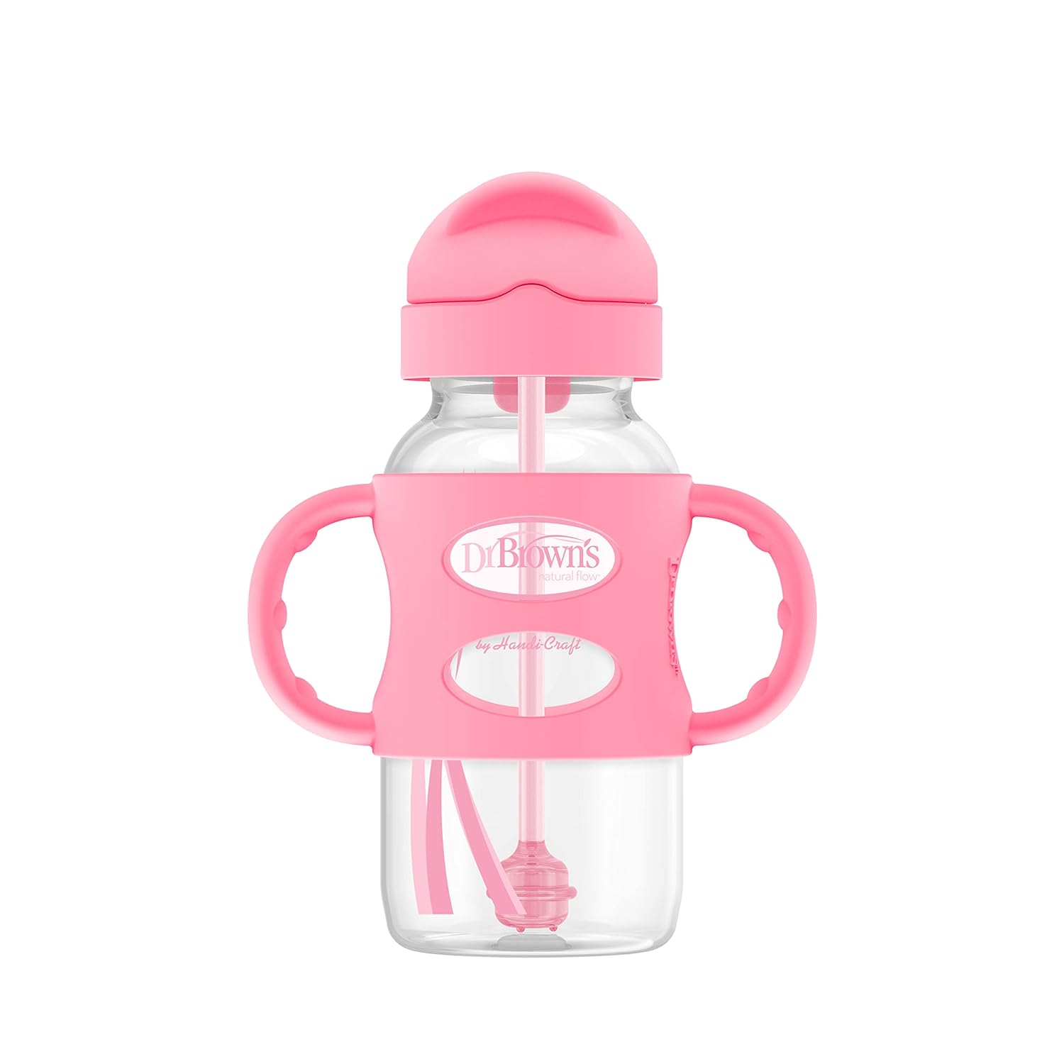 Dr. Brown'S Milestones Wide-Neck Sippy Straw Bottle With 100% Silicone Handles And Weighted Straw, 9 Oz/270 Ml, Pink, 6M+