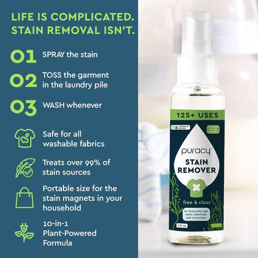 Puracy Stain Remover - Cleaning Spray, Clothes Stain Remover for Clothes, Laundry Stain Remover Spray for Clothes, Travel Stain Remover, Oil Stain Remover - Natural Spot Cleaner - Free&Clear 4oz