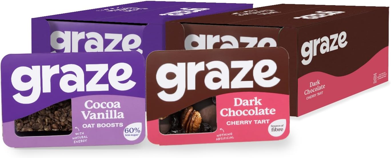 Graze - Sweet Snacks Bundle Of Cocoa Vanilla Oat Flapjacks And Dark Chocolate Chery Tart Mixed Snacks - With Natural Flavours - Pack Of 18 Snacks