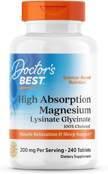 Doctor'S Best High Absorption Magnesium Glycinate Lysinate, 100% Chelated, Non-Gmo, Vegan, Gluten & Soy Free, 200 Mg, 240 Count