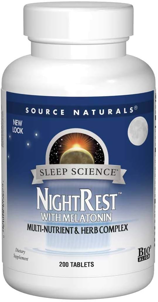 Source Naturals Sleep Science NightRest Multi-Nutrient & Herb Complex With Melatonin, GABA, Passion ower, Chamomile, Lemon Balm & More - Herbal Formula - 200 Tablets