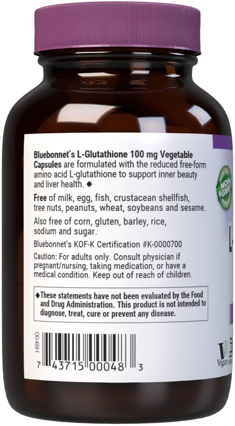 Bluebonnet Nutrition L-Glutathione 100Mg, Free-Form Amino Acid, For Free Radical Protection, Soy-Free, Gluten-Free, Non-Gmo, Kosher Certified, Vegan, 30 Vegetable Capsules, 30 Servings : Health & Household