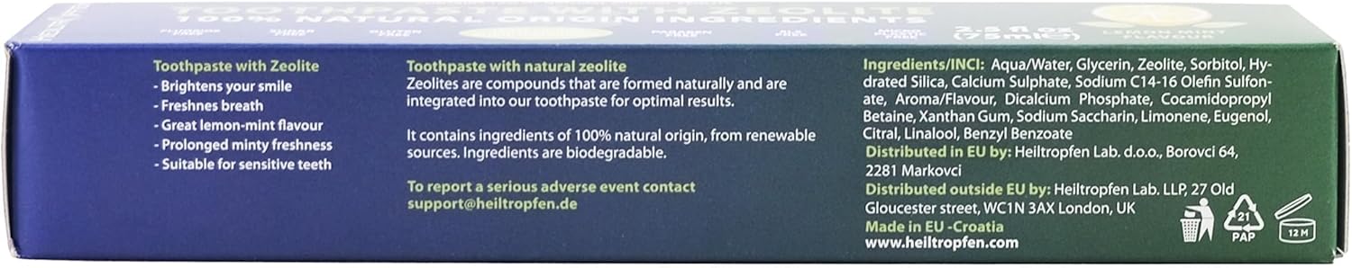 Zeolite Toothpaste | 2.5 Fl Oz - 75 Ml | Fluor-Free | 100% Natural Origin Ingredients | 15% Natural Mineral Zeolite | Heiltropfen® : Health & Household