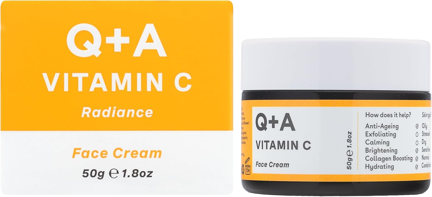 Q+A Vitamin C Radiance Cream - Hydrating, Anti-Ageing Face Cream With Collagen Boosting Vitamin C, Elasticity Enhancing Centella Asiatica & Antioxidant-Rich Tropical Fruit For Glowing Skin, 50G