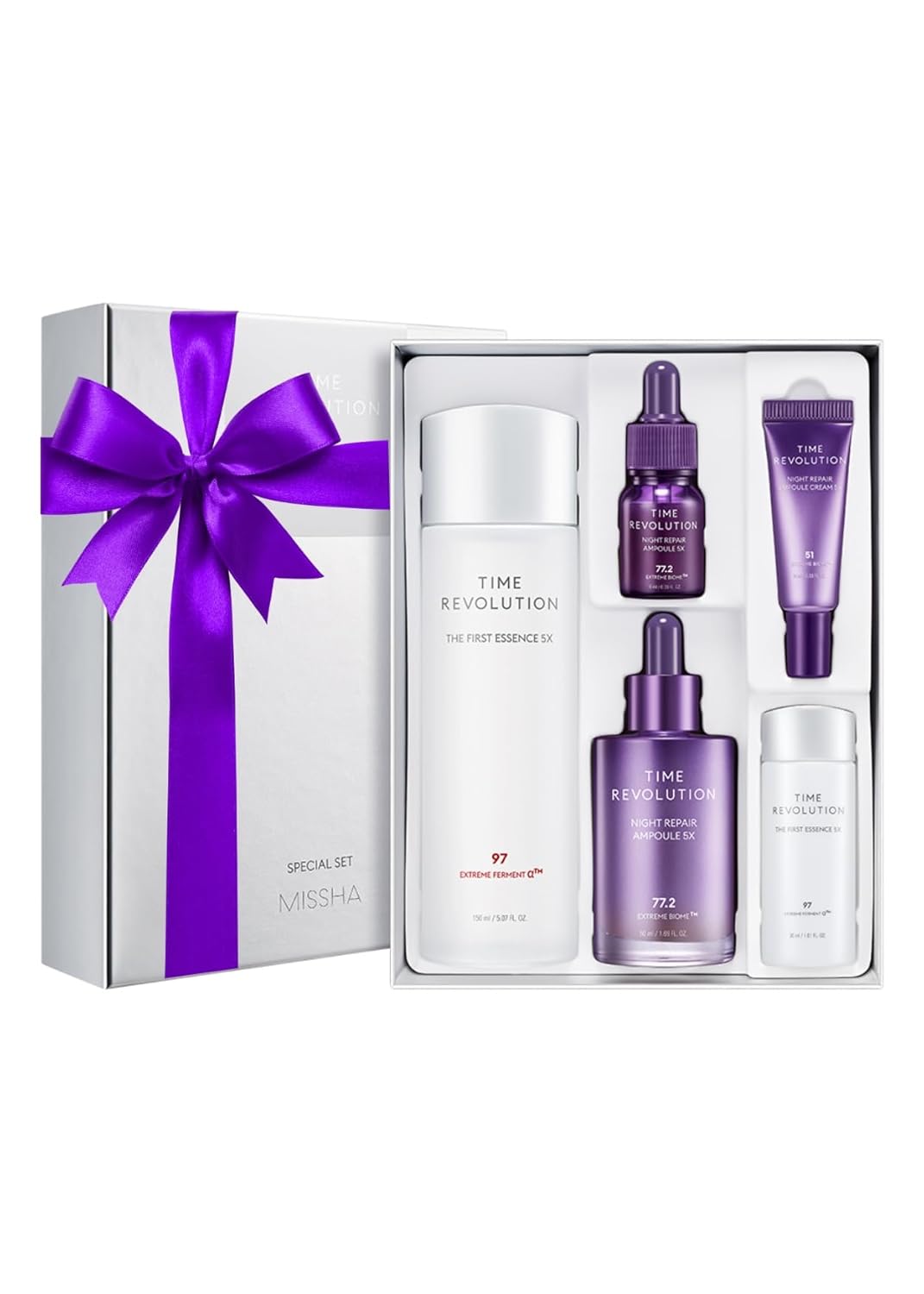 Missha Time Revolution Night Repair 5X Gift Set Night Repair Ampoule And Cream 5X, The First Essence 5X For Youthful, Glass Skin, Korean Skin Care