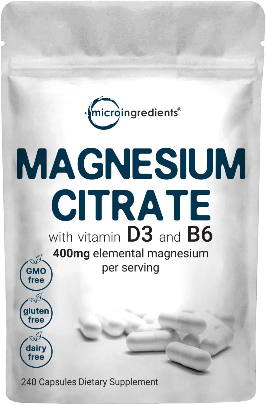 Magnesium Citrate 400Mg With Vitamin D3 1000Iu & B6, 240 Capsules | Elemental Mineral & Vitamins Complex | Combats Constipation, Supports Muscle, Heart, & Bone Health – Non-Gmo