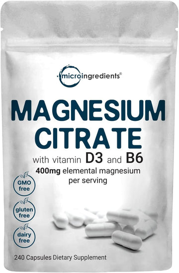 Magnesium Citrate 400mg with Vitamin D3 1000IU & B6, 240 Capsules | Elemental Mineral & Vitamins Complex | Combats Constipation, Supports Muscle, Heart, & Bone Health – Non-GMO