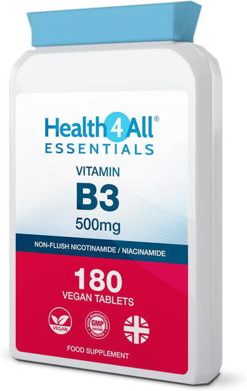 Health4All Vitamin B3 Nicotinamide (Niacinamide) 500Mg 180 Tablets (V) Vegan. No-Flush Niacinamide. Made In The Uk