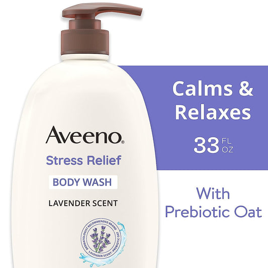 Aveeno Stress Relief Body Wash with Soothing Oat & Lavender Scent for Sensitive Skin, Moisturizing Shower Wash Gently Cleanses & Helps You Feel Calm & Relaxed, Sulfate-Free, 33 fl. oz
