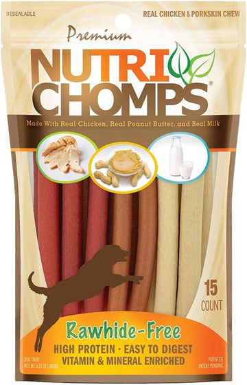 Nutri Chomps Dog Chews, 5-inch Twists, Easy to Digest, Rawhide-Free Dog Treats, 15 Count, Real Chicken, Peanut Butter and Milk flavors