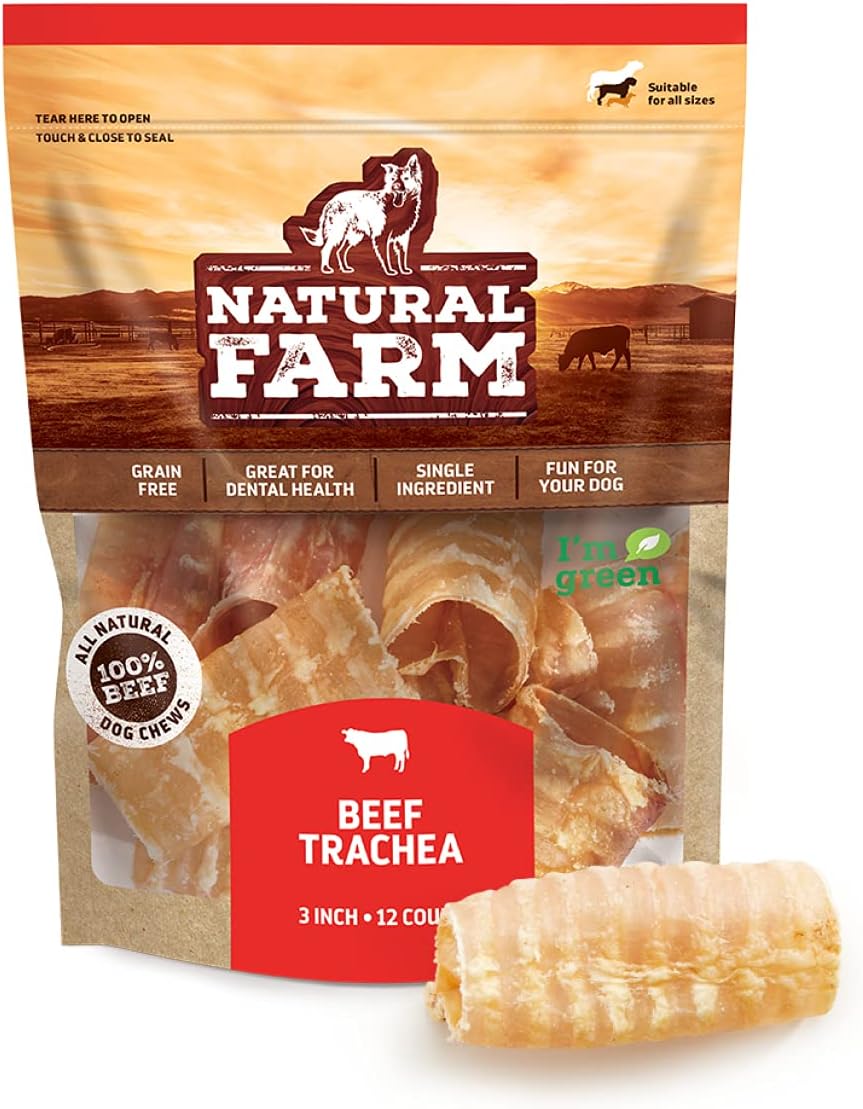 Natural Farm Top Premium Beef Trachea Dog Chews (3 Inch, 12 Pack), Natural Source Of Glucosamine And Chondroitin For Hip And Joint Health, High-Protein, 100% Beef Trachea