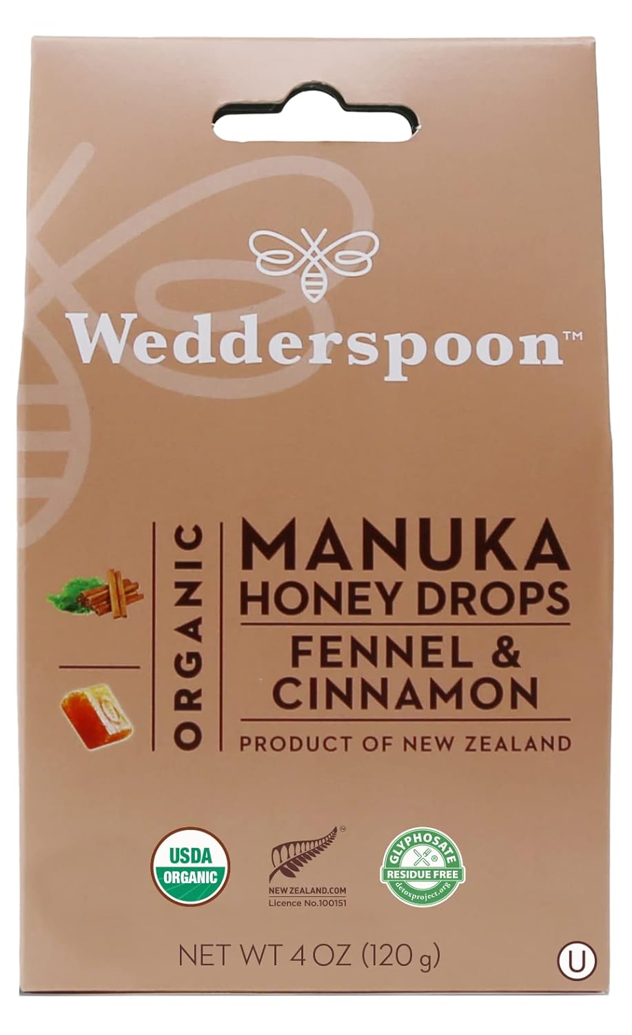 Wedderspoon Organic Manuka Honey Drops, Fennel & Cinnamon, 20 Count (Pack of 1)| Genuine New Zealand Honey | Perfect Remedy For Dry Throats
