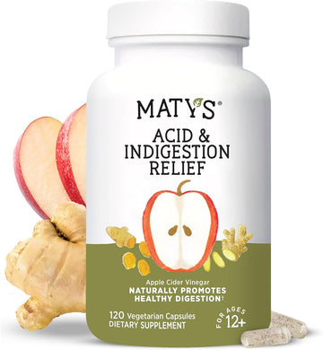 Matys Acid & Indigestion Relief Capsules, Safe Antacid Alternative for Occasional Acid Reflux & Heartburn, Made with Apple Cider Vinegar, Soy & Gluten Free Vegetarian Capsules, 120 Count, 60 Servings
