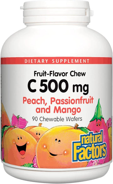 Natural Factors, Kids Chewable Vitamin C 500 Mg, Supports Immune Health, Bones, Teeth And Gums, Peach, Passionfruit And Mango, 90 Wafers