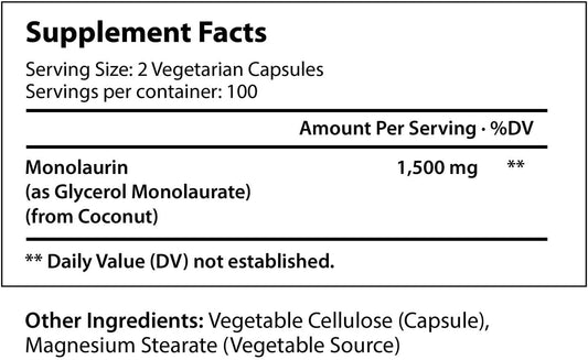 Monolaurin Supplement 1500Mg 200 Vegetarian Capsules | Extra Strength Pure Glycerol And Lauric Acid From Raw Coconut | Immune System And Natural Digestion Support | Non-Gmo Gluten Free Powder Pill