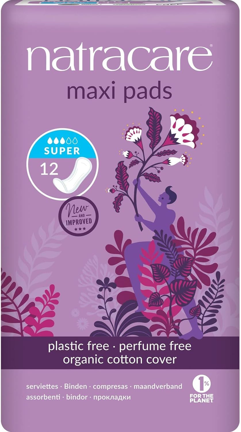 Natracare Natural Traditional Style Maxi Pads, Super, Individually Wrapped, Without Wings in Plant-Based Bag (1 Pack, 12 Pads Total)