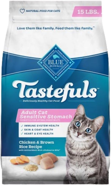 Blue Buffalo Tastefuls Natural Dry Food For Adult Cats, Sensitive Stomach, Chicken & Brown Rice Recipe, 15-Lb. Bag