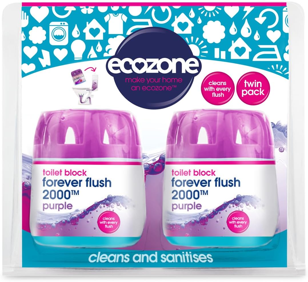 Ecozone Forever Flush 2000 Purple Toilet Blocks, Eco Friendly Alternative To Loo Rim Hangers, Cistern Capsules Clean & Descale Wcs, Natural Vegan & Non Toxic Cleaner, Recyclable Plastic (Set Of 2)