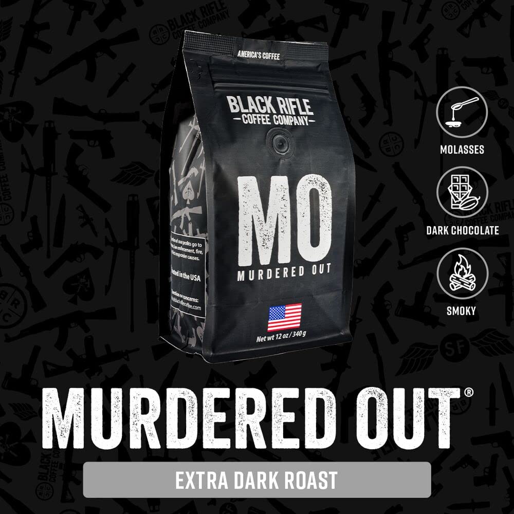 Black Rifle Coffee Company Murdered Out (Extra Dark Roast) Whole Bean Coffee, 12 Ounce Bag Of Coffee Beans, Extra Dark Roast Coffee Beans, Extra Dark Roast With Bold Aroma And Smoky Flavors