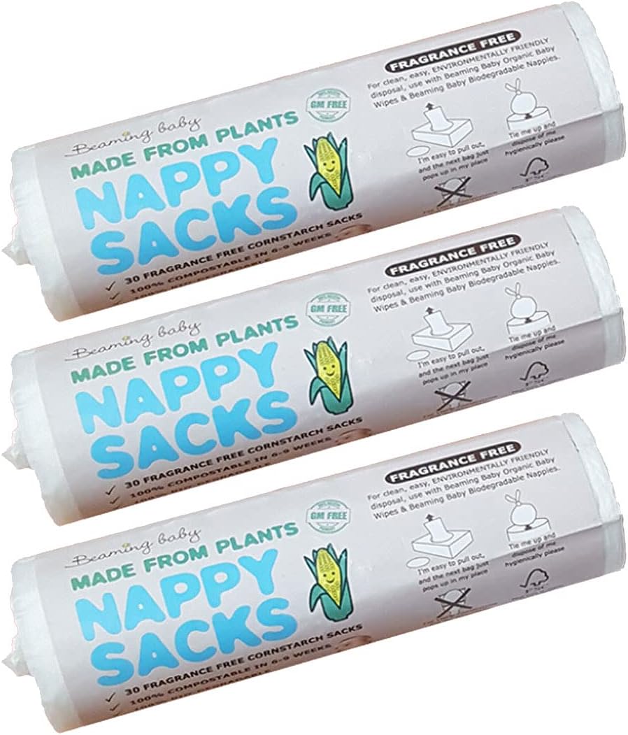 Beaming Baby Bio-Degradable, Compostable Nappy Bags - 90 (3 Rolls X 30). 100% Gm-Free Cornstarch, Plastic Free, Eco Friendly Nappy Sacks With Easy Tie Handles. Leak Proof, Fragrance Free