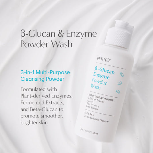 Petitfee B-Glucan Enzyme Powder Wash 2.82 Oz (80G) - Facial Cleanser, Cleansing Powder With Papaya Extract Papain, Rice Ferment Extract For Gentle, Daily Exfoliation, Powder Soap, Cleansing Mask