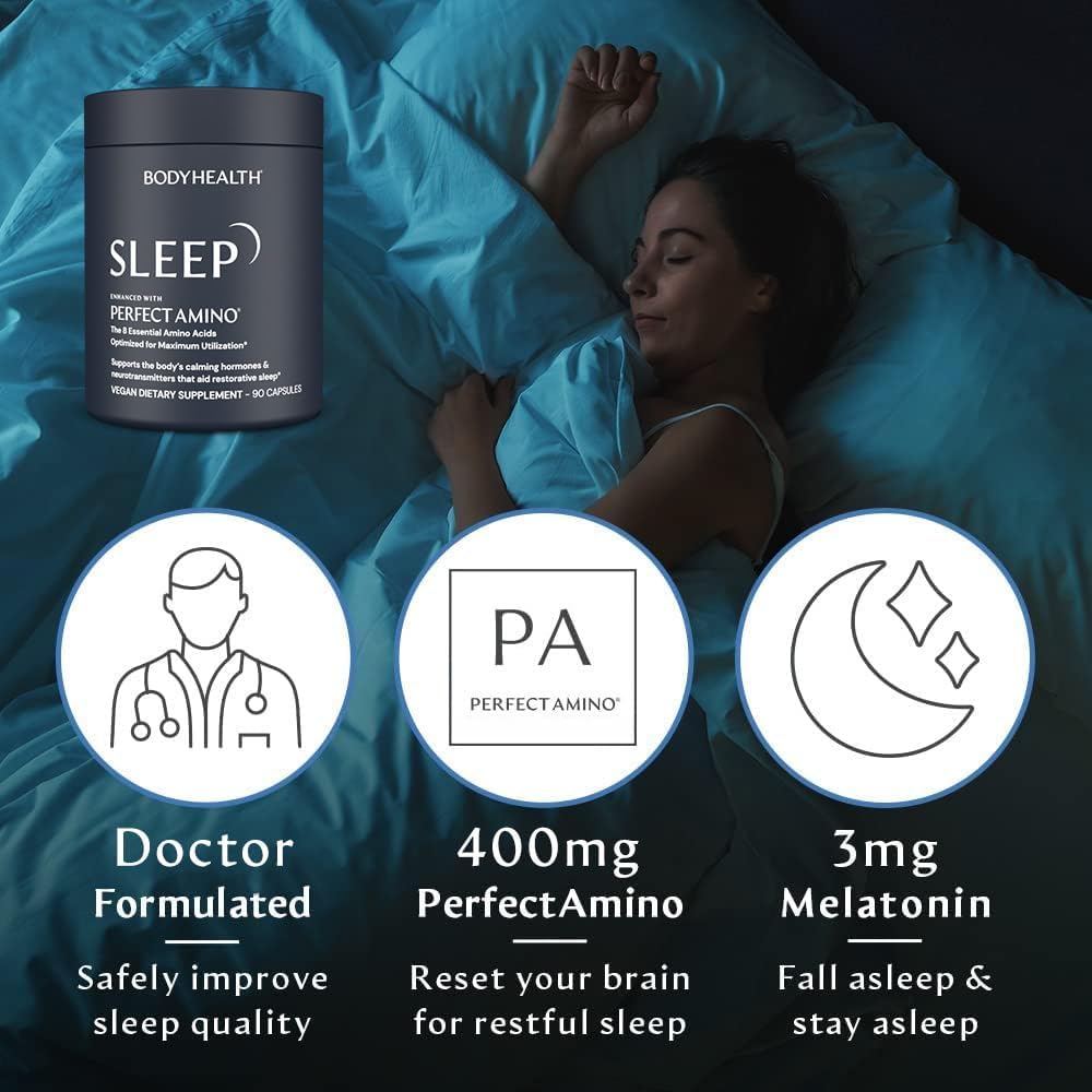 BodyHealth Sleep, Healthy Sleep Ultra, Nighttime Sleep Aid, Sleep Supplements for Adults, 3 mg Melatonin, Non Habit Forming Sleep Pills Enhanced with PerfectAmino (90 Capsules) : Health & Household