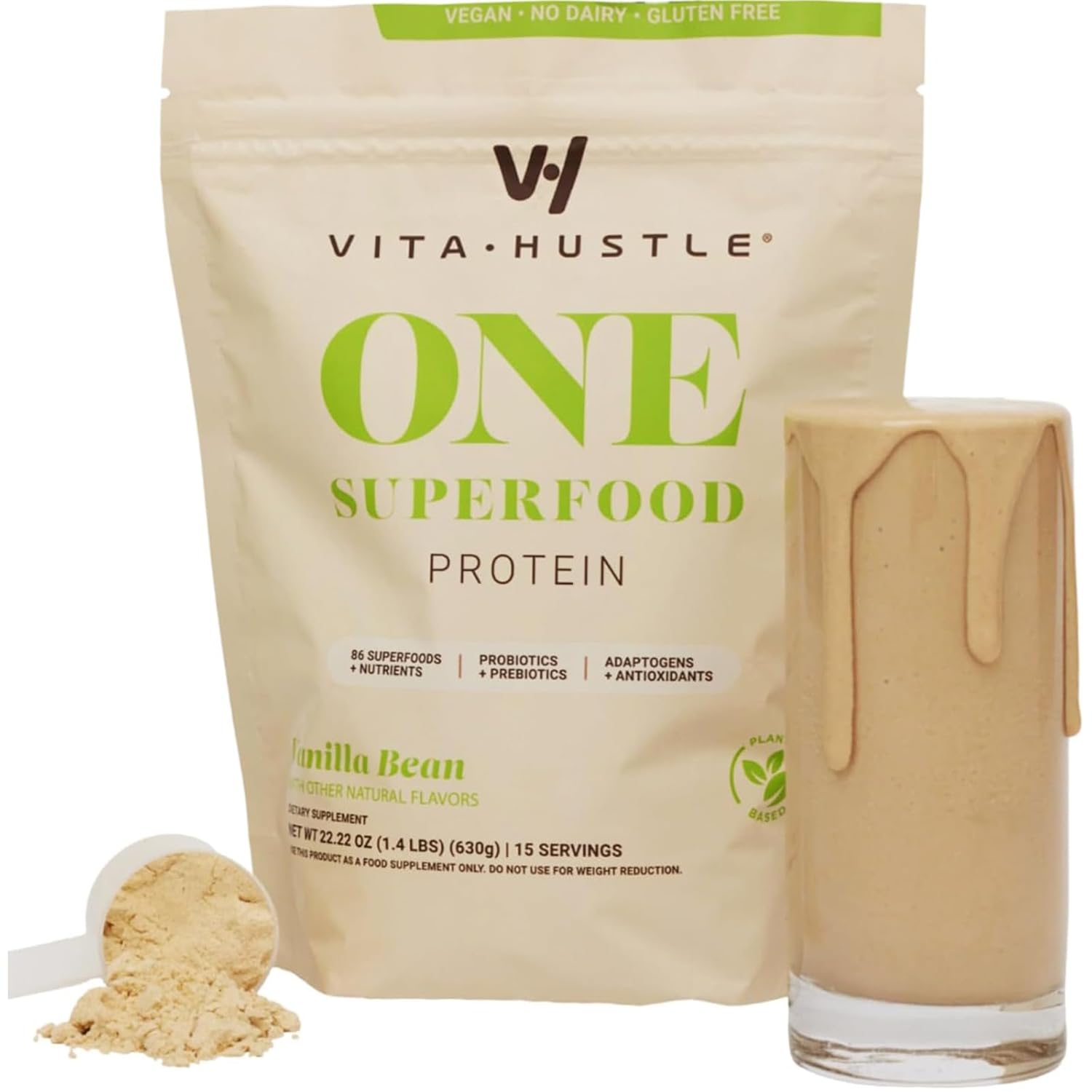 Vitahustle One - Superfood Meal Replacement Shake, Plant Based Protein Powder, Vegan. 86 Superfoods, Vitamins, & Minerals, Ashwagandha, Adaptogens. (Vanilla) 15 Servings