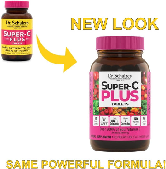 Dr. Schulze's | Super-C Plus | Vitamin C Complex | Clinical Herbal Formula | Dietary Supplement | Immunity Support | Increase Collagen Formation & Iron Absorption | 60 Chewable Tablets (1000 mg)