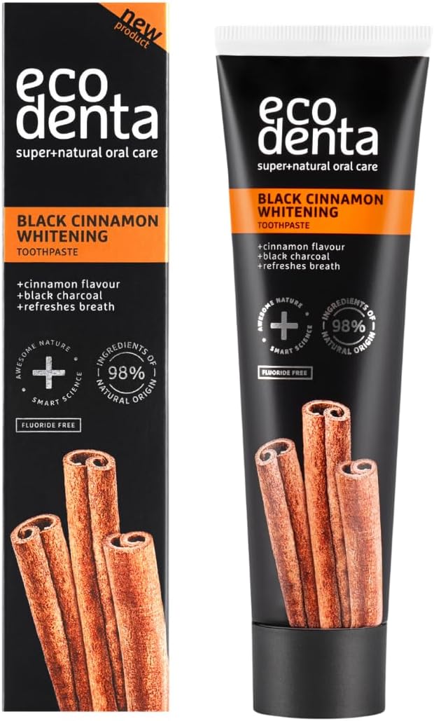 Ecodenta Black Cinnamon Teeth Whitening Toothpaste - Black Tooth Paste Whitens Teeths | Cinamon Flavour Natural Toothpastes Fluoride Free, 100Ml