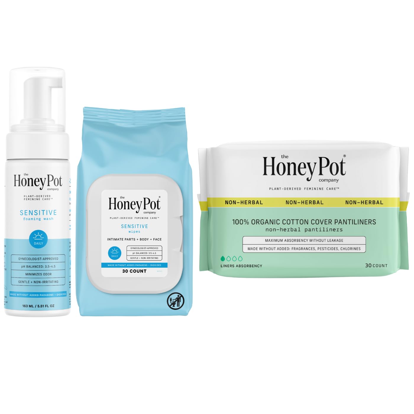 The Honey Pot Company - Sensitive Feminine Wash, Wipes, & Liners Bundle - Herbal Infused Natural Hygiene Wash & Wipes - Non-Herbal Everyday Liners - Sanitary Pads For Women - Feminine Care - Fsa & Hsa