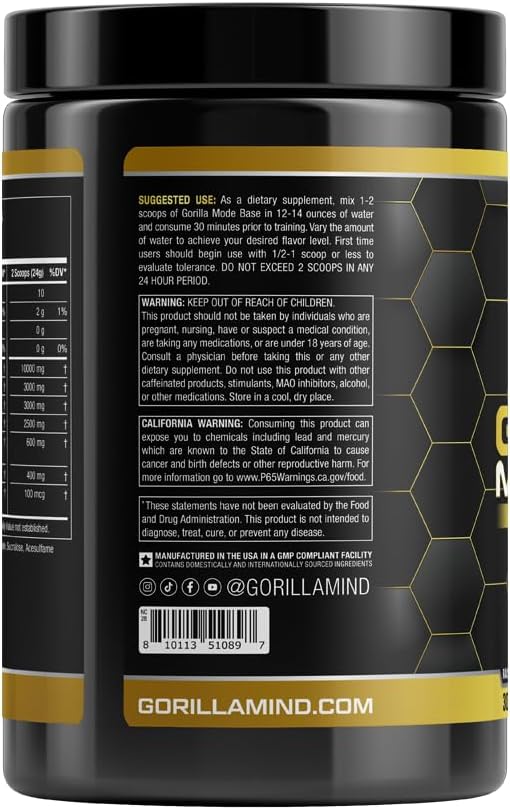 Gorilla Mode Base Pre Workout - Raises Nitric Oxide ú Intense Focus & Drive ú Endurance ú Power - L-Citrulline, L-Tyrosine, Betaine, Alpha-GPC, Caffeine, Huperzine A - 360 Grams (White Gummy Bear)