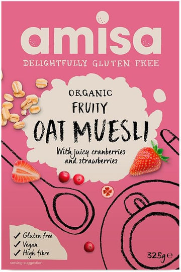 Amisa Organic Gluten-Free Fruity Oat Muesli, 325G - High In Fibre Breakfast Cereal With Cranberries & Strawberries
