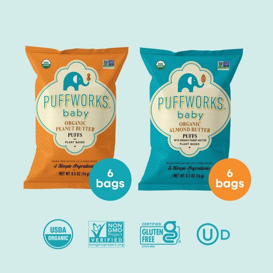 Puffworks Baby Peanut and Almond Variety Pack, Perfect for Early Peanut Introduction, Plant Protein, USDA Organic, Gluten-Free, Vegan, Non-GMO, Kosher, 0.5 Ounce (Pack of 12)