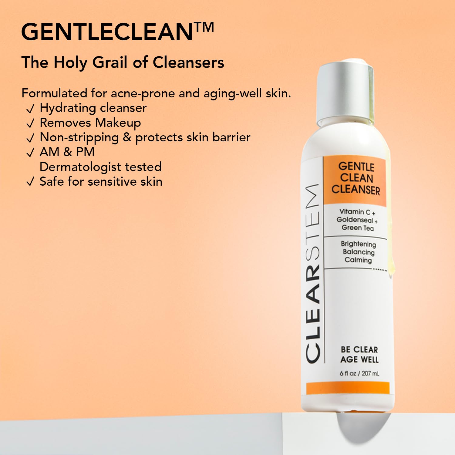 Clearstem - Gentleclean Vitamin C Infused Calming Wash - Facial Cleanser, Makeup Remover - Goldenseal + Green Tea - Facial Skin Care Products - Vegan, Gluten Free, Cruelty Free - 6 Fl Oz / 207Ml : Beauty & Personal Care