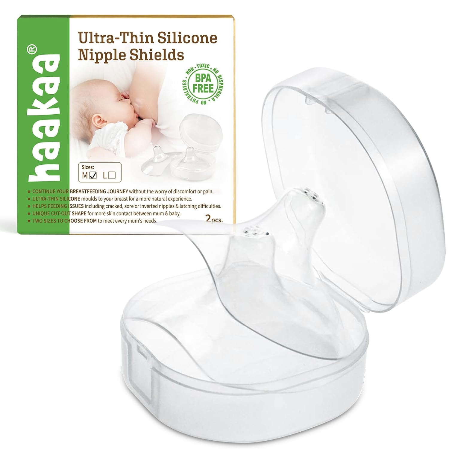 haakaa Nippleshield Silicone Nipple Shields for Breastfeeding with Carry Case Ultra-Thin Super-Soft (18mm, 2pk)