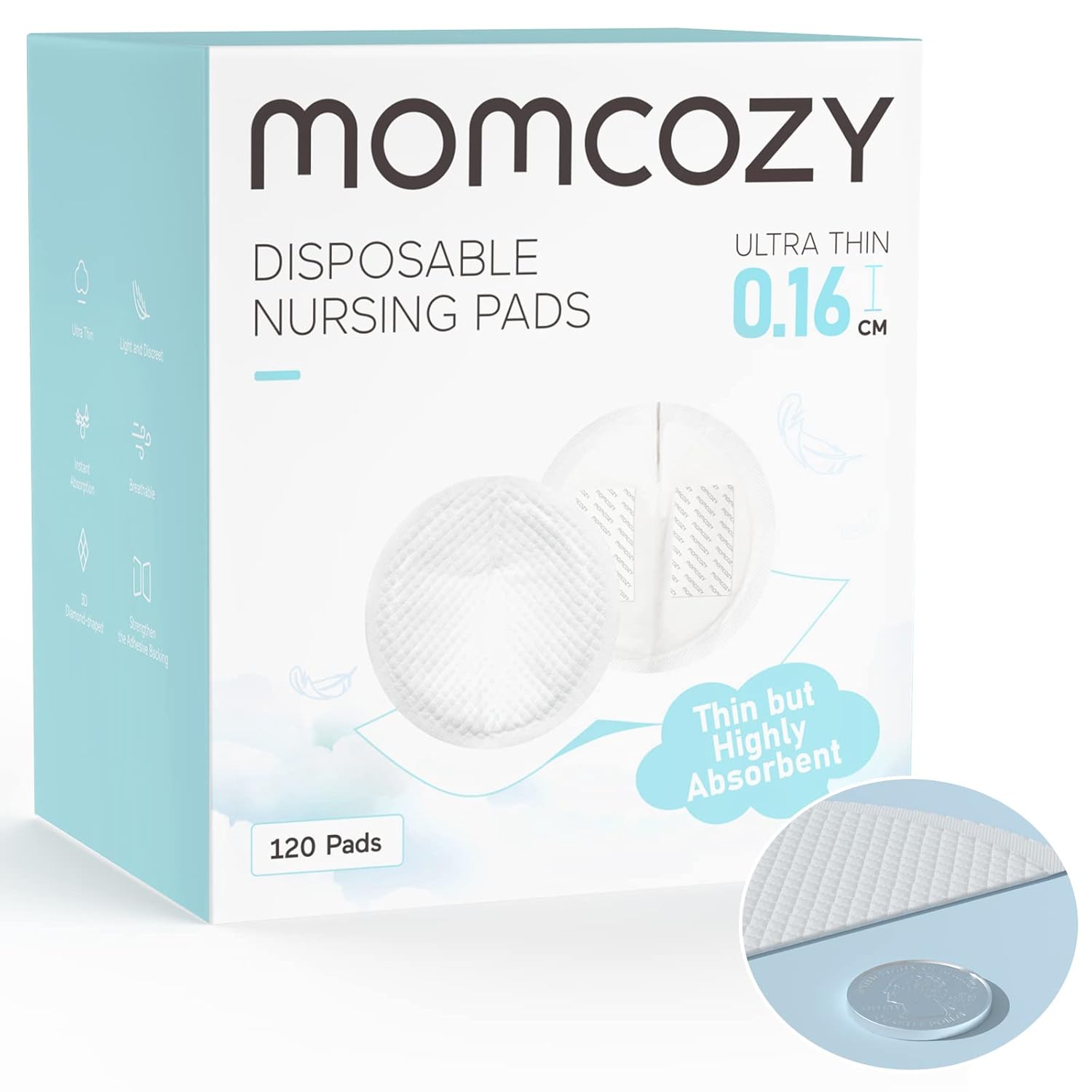 Momcozy Ultra-Thin Disposable Nursing Pads, Super Absorbent And Breathable Breastfeeding Pads, Make The Breasts Light And Unburdened, 3D Shape For The Best Fit, Individually Packaged120 Count